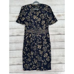 Vintage Positive Attitude Floral Button Down Midi Dress Womens 12 Black Tan